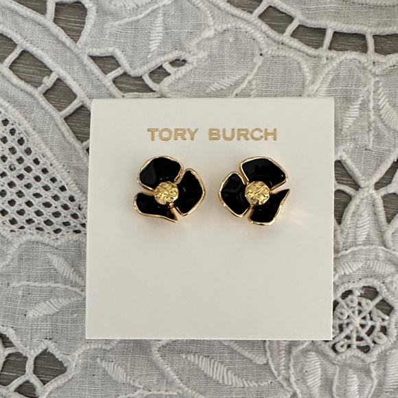 Tory Burch Black and Gold Floral Studs - Picture 1 of 2